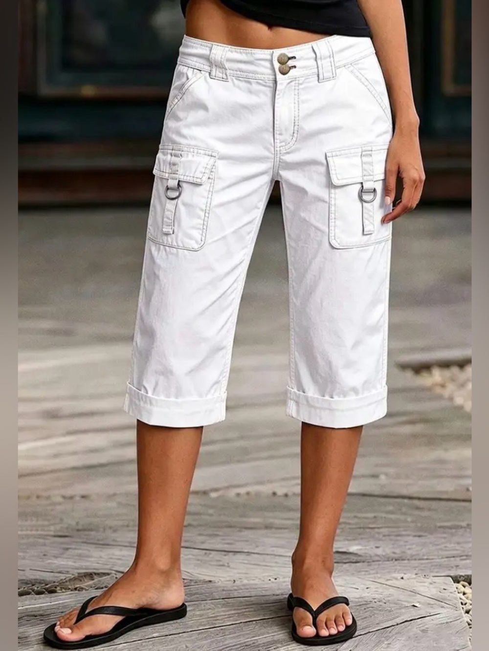Flamingals Solid Flap Pocket Roll Hem Mid Rise Straight Leg Capri Shorts